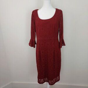 Chris McLaughin Burgundy  3/4 Bell Sleeve Lace Midi Dress